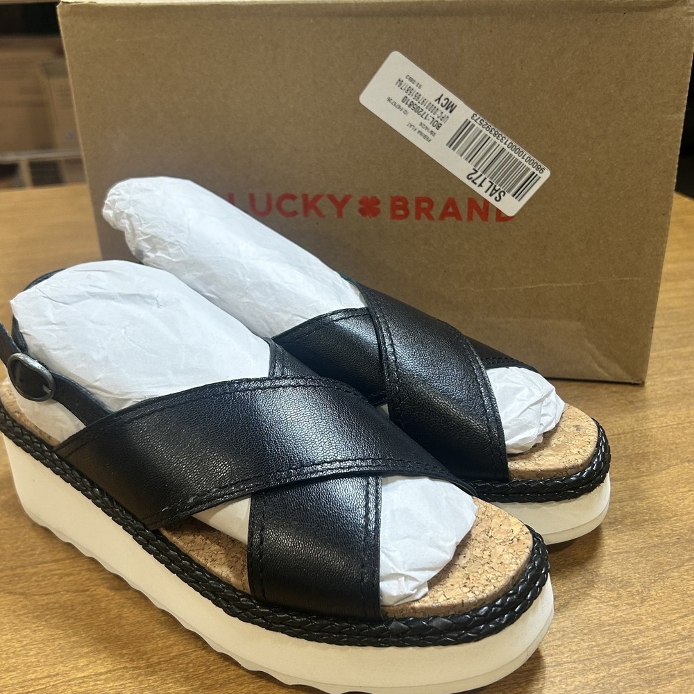 Lucky Brand Sandals Womens Size 6.5 Black LK-PEBINA Slingback Platform Wedge